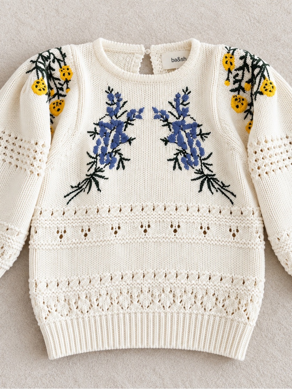 ba&sh Floral Embroidered Pointelle Knit Sweater Ivory XS